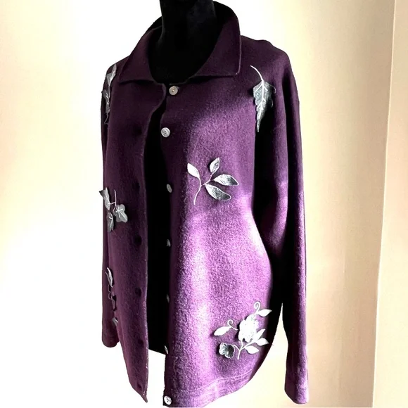 Vintage Coldwater Creek Purple Boiled Wool Appliqué leaves Jacket Coat sz PS - Picture 6 of 13